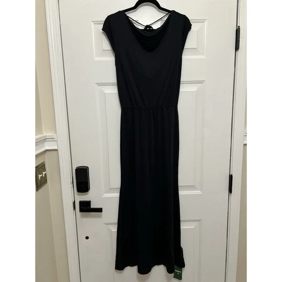 NWT Halara Tie Back Cowl Neck Cap Sleeve Maxi Dress Slip Black Yarn Small Witchy - Picture 8 of 9